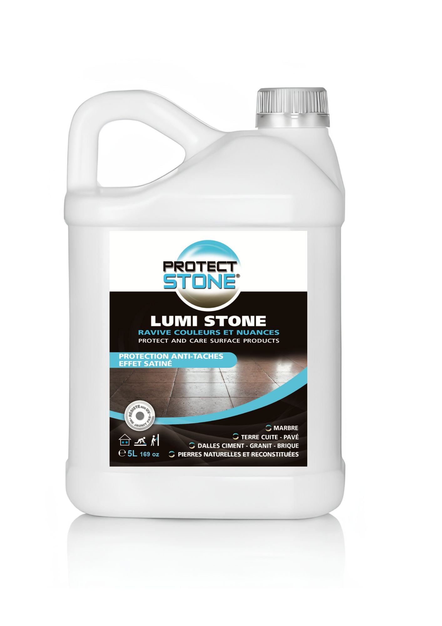 LUMI STONE – Traitement effet satiné pour pierre naturelle. Sublime les couleurs sans les foncer, protège durablement contre l’eau et les taches