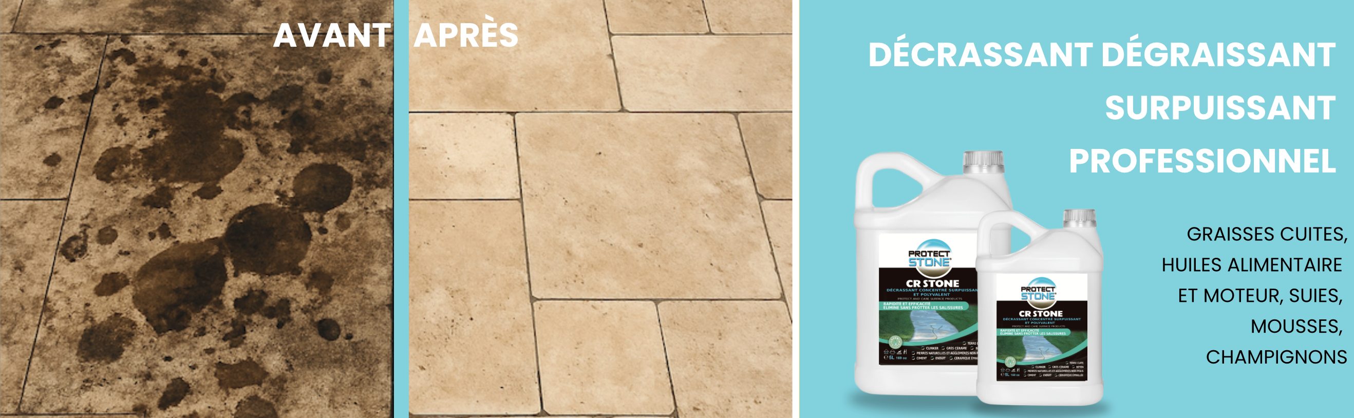 CR STONE – Décrassant concentré surpuissant pour sols et murs. Élimine graisses, huiles, suie, tanins, champignons et salissures tenaces. Idéal pour pierre, béton, grès, terre cuite et céramique émaillée.