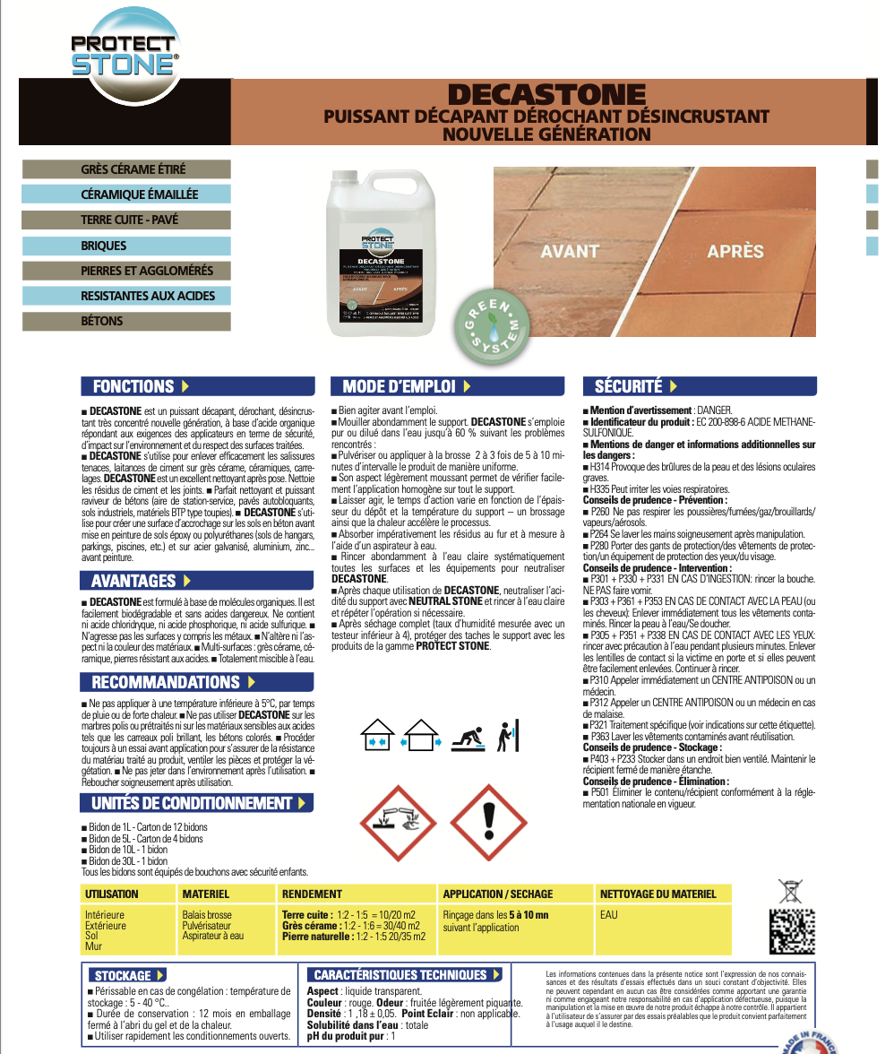 DECA STONE ProtectStone – Décapant professionnel voile de ciment et laitance sur pierre naturelle, carrelage ou béton