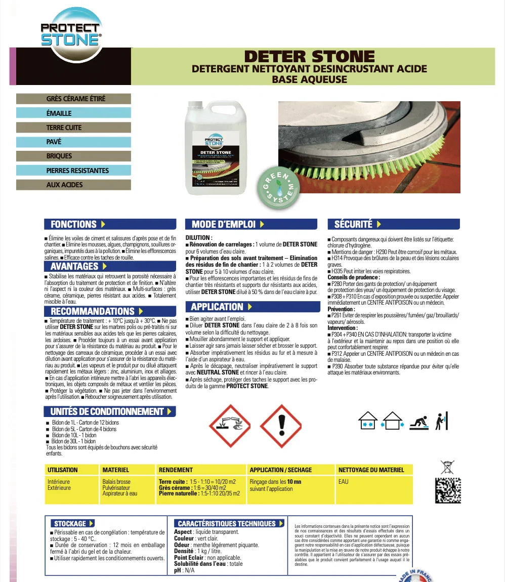 DETER STONE – Nettoyant décapant acide à base aqueuse pour pierres, terres cuites et grès. Élimine voiles de ciment, laitances, efflorescences et salissures de fin de chantier. Usage intérieur et extérieur.