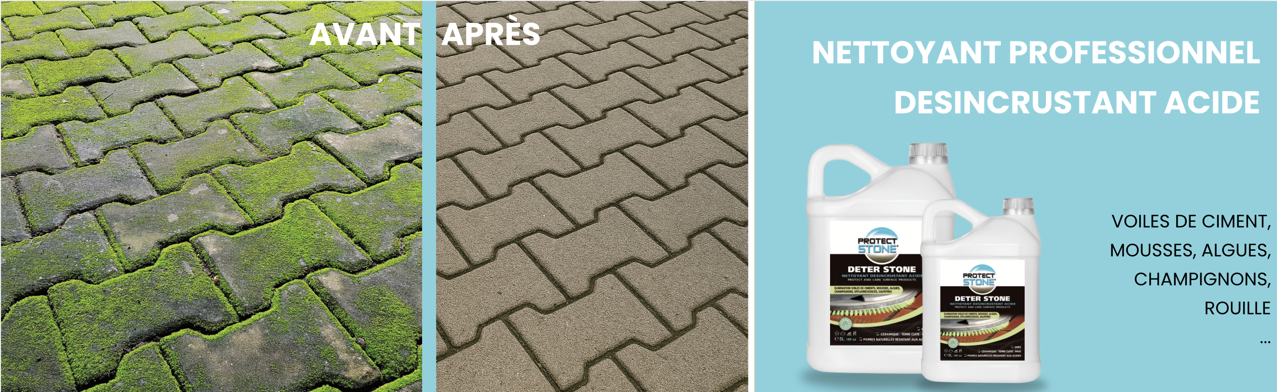 DETER STONE – Nettoyant décapant acide à base aqueuse pour pierres, terres cuites et grès. Élimine voiles de ciment, laitances, efflorescences et salissures de fin de chantier. Usage intérieur et extérieur.