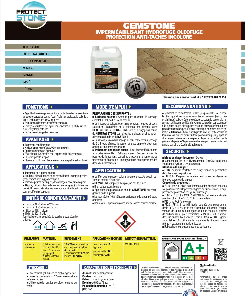 GEM STONE – Protecteur hydrofuge et oléofuge pour pierre naturelle. Empêche la pénétration de l’eau, de l’huile et des taches. Finition invisible, sans film.