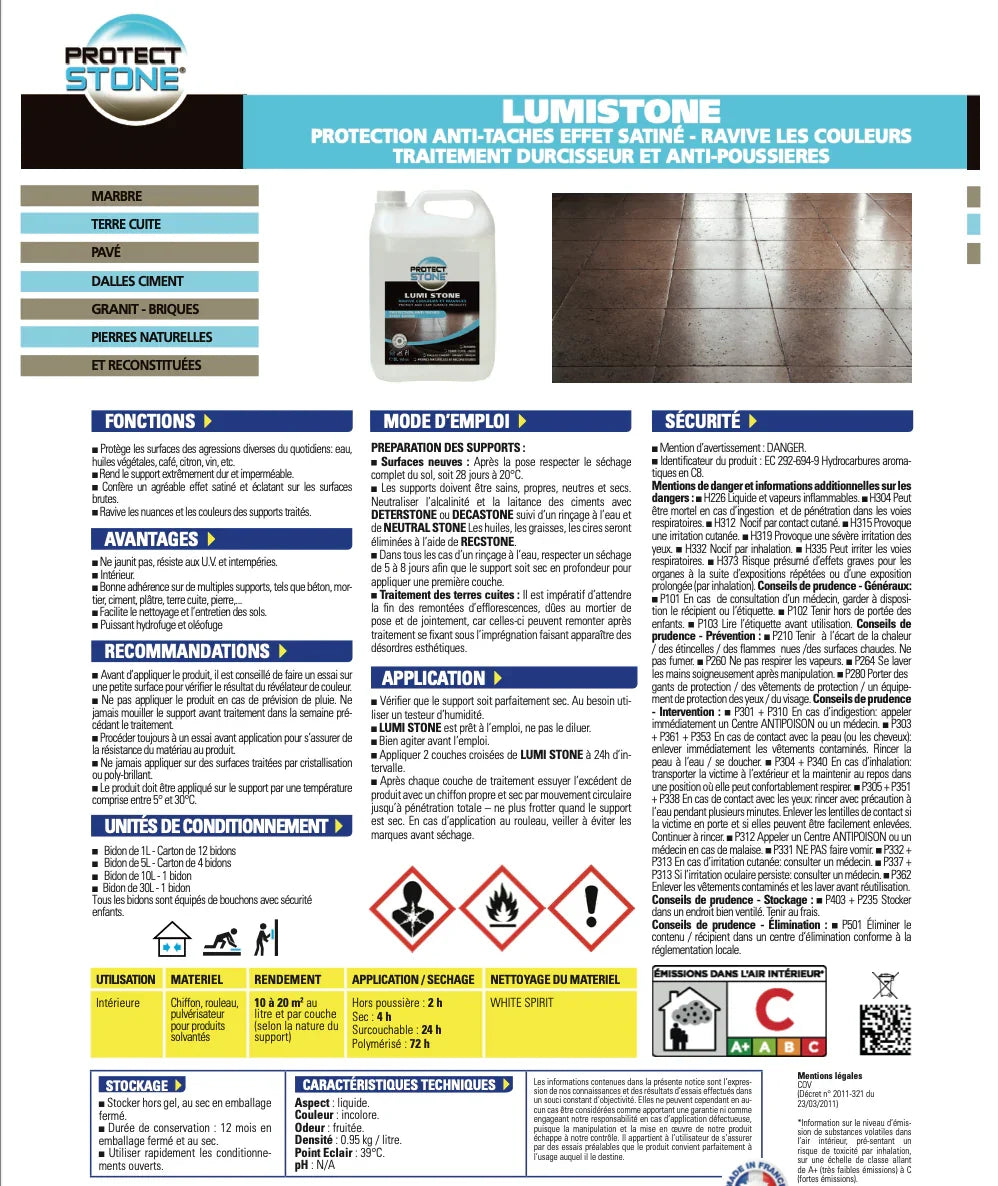 LUMI STONE – Traitement effet satiné pour pierre naturelle. Sublime les couleurs sans les foncer, protège durablement contre l’eau et les taches