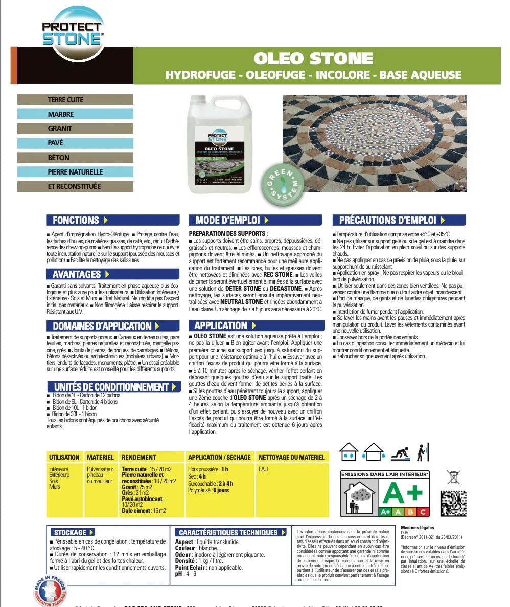 OLEOSTONE ProtectStone – Imperméabilisant incolore à base d’eau pour pierre naturelle, terre cuite, béton et granit. Protection hydrofuge et oléofuge pour surfaces intérieures et extérieures. Application facile, sans solvant.
