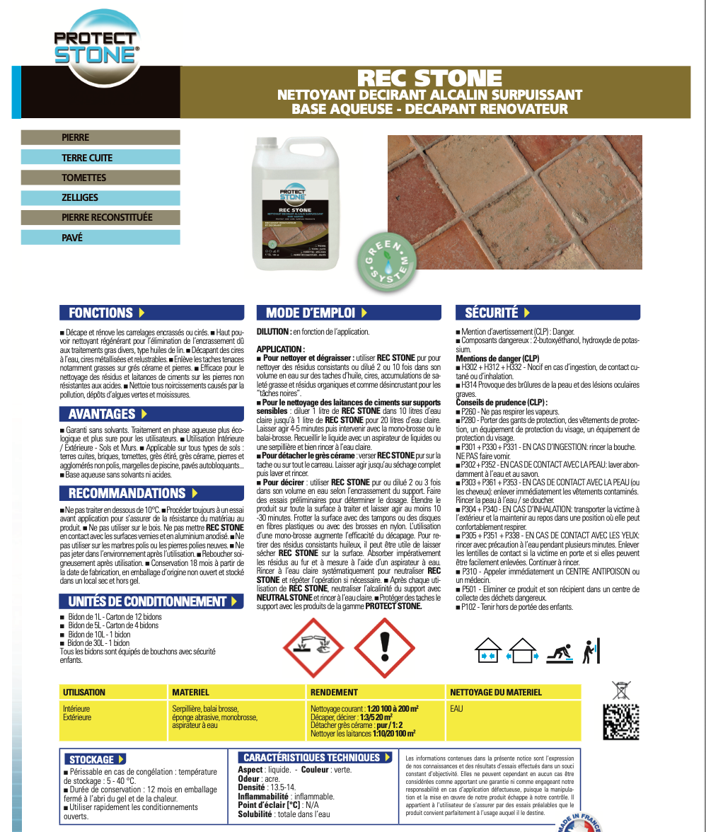 REC STONE – Rénovateur intensif pour matériaux minéraux et poreux. Ravive l’aspect d’origine des pierres naturelles, dalles, travertin ou béton. Idéal pour surfaces encrassées ou ternies.