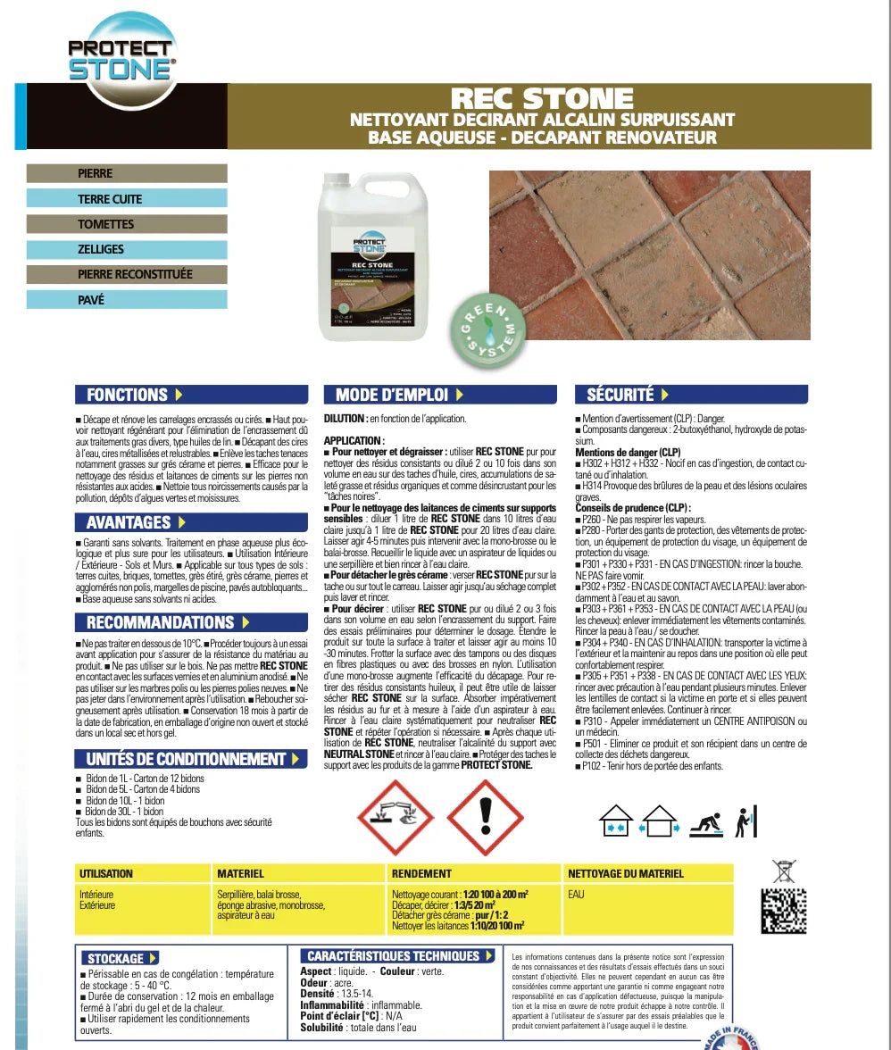 REC STONE – Rénovateur intensif pour matériaux minéraux et poreux. Ravive l’aspect d’origine des pierres naturelles, dalles, travertin ou béton. Idéal pour surfaces encrassées ou ternies.