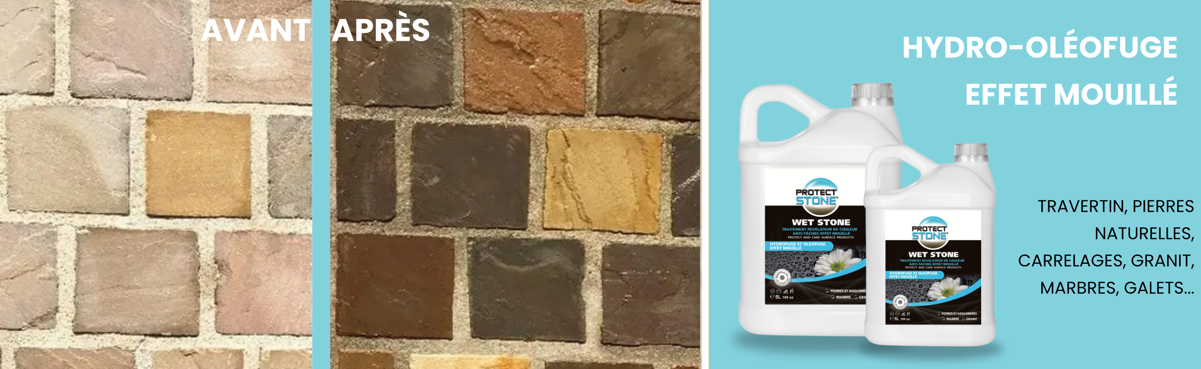 Wet Stone de ProtectStone – produit hydrofuge effet mouillé pour pierres naturelles, dallages et matériaux poreux. Idéal pour raviver et protéger en profondeur.