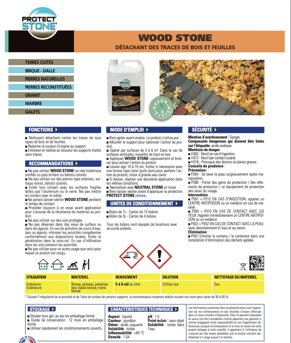 WOOD STONE nettoie et ravive les dalles et pierres tachées par les feuilles et bois. Idéal en sortie d’hiver ou de printemps