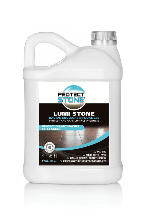 LUMI STONE – Traitement effet satiné pour pierre naturelle. Sublime les couleurs sans les foncer, protège durablement contre l’eau et les taches