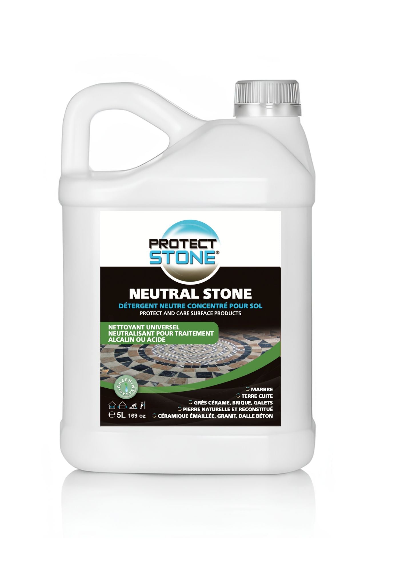 NEUTRAL STONE – Nettoyant neutralisant après décapage acide ou alcalin. Stabilise les supports avant traitement. Idéal pour pierres, terres cuites, grès cérame, béton. Application intérieure et extérieure.