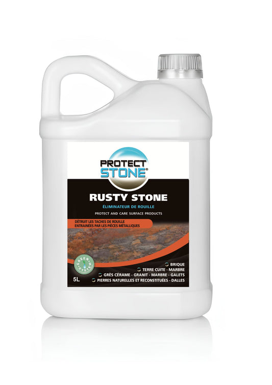 RUSTY STONE – Détachant antirouille puissant pour pierre, carrelage, granit, marbre et béton. Élimine efficacement les taches de rouille causées par le mobilier, les engrais ou l’humidité. Usage intérieur et extérieur.