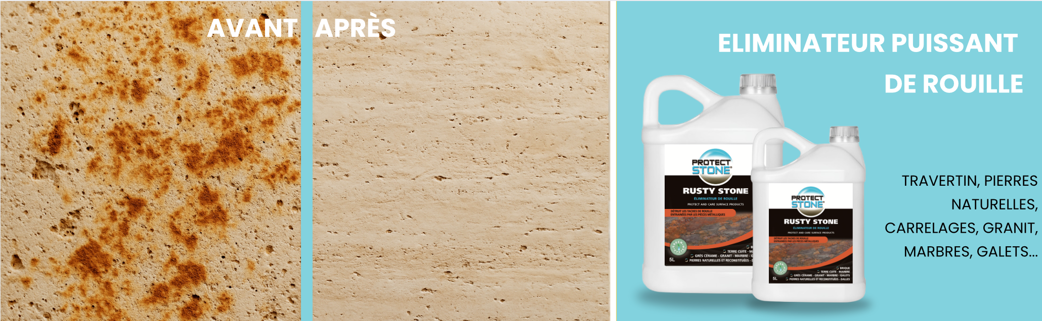 anti rouille détachant antirouille puissant pour pierre, carrelage, granit, marbre et béton. Élimine efficacement les taches de rouille causées par le mobilier, les engrais ou l’humidité. Usage intérieur et extérieur.