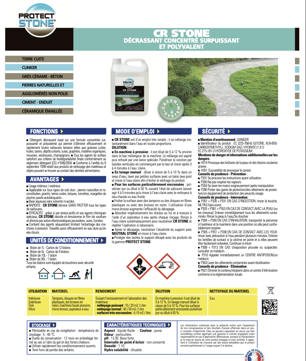 CR STONE – Décrassant concentré surpuissant pour sols et murs. Élimine graisses, huiles, suie, tanins, champignons et salissures tenaces. Idéal pour pierre, béton, grès, terre cuite et céramique émaillée.
