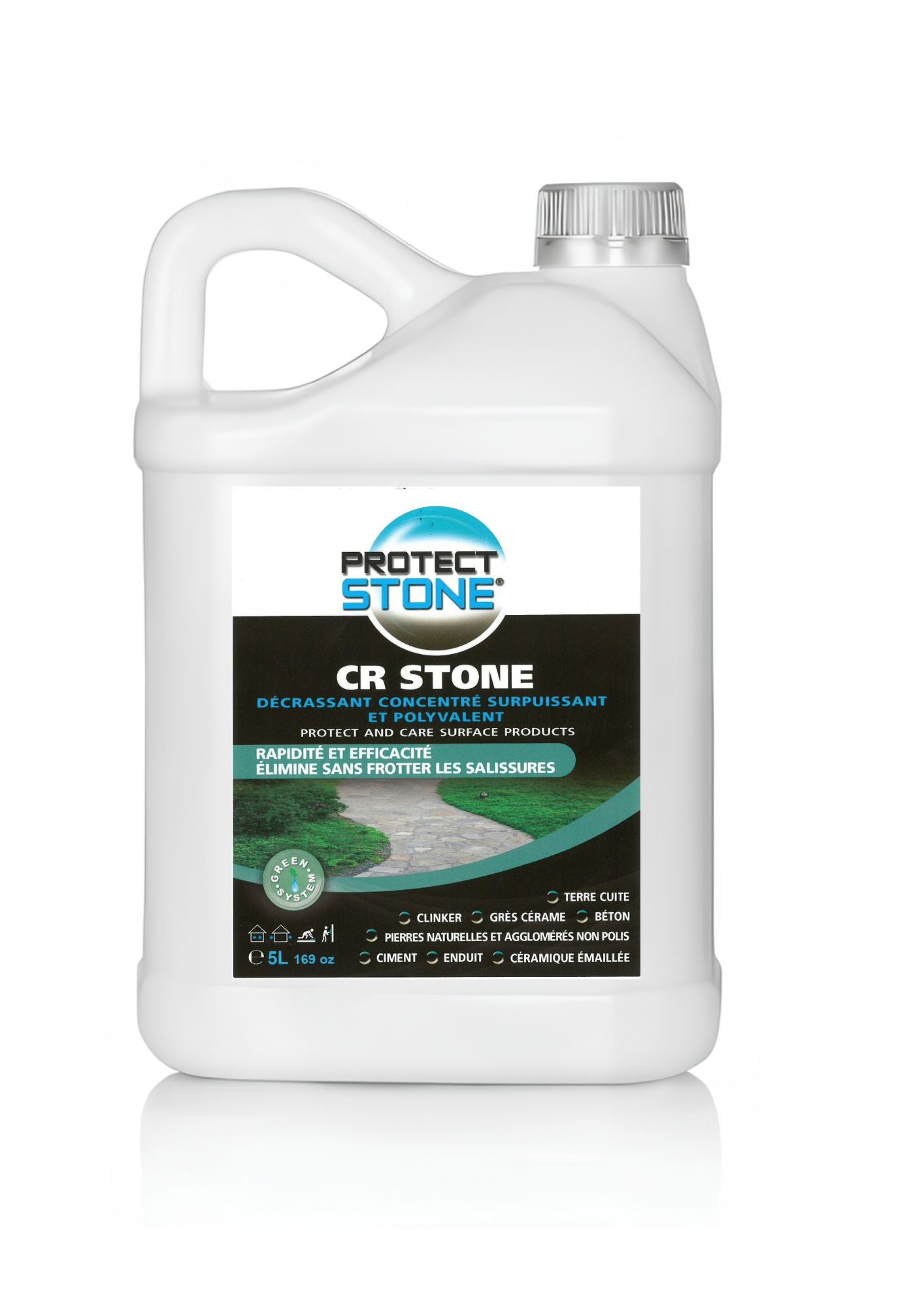 CR STONE – Décrassant concentré surpuissant pour sols et murs. Élimine graisses, huiles, suie, tanins, champignons et salissures tenaces. Idéal pour pierre, béton, grès, terre cuite et céramique émaillée.