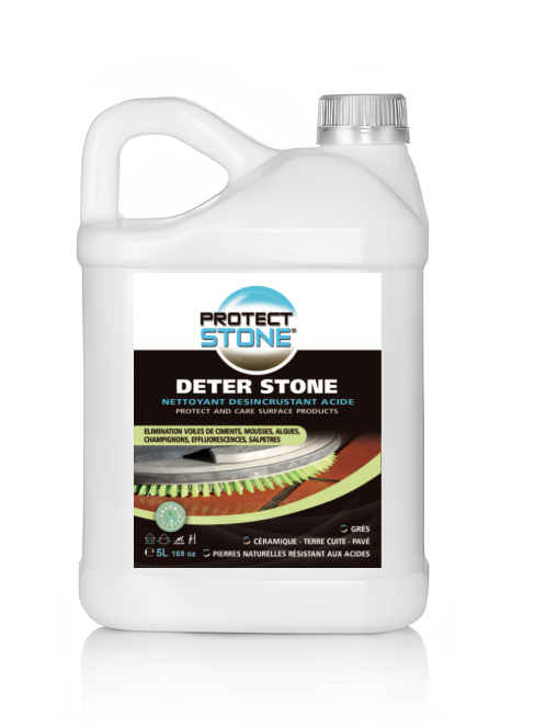 DETER STONE – Nettoyant décapant acide à base aqueuse pour pierres, terres cuites et grès. Élimine voiles de ciment, laitances, efflorescences et salissures de fin de chantier. Usage intérieur et extérieur.