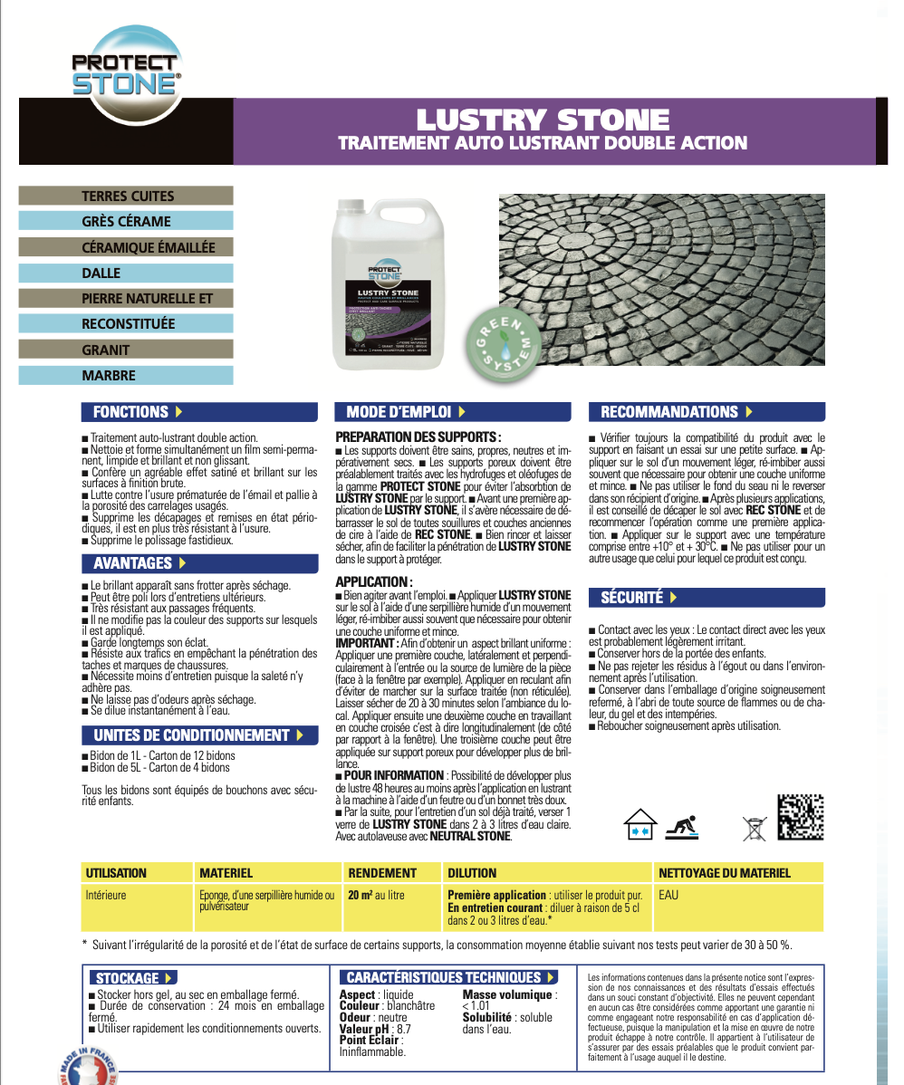 LUSTRY STONE – Traitement auto-lustrant double action pour pierres naturelles, dalles et carrelages. Nettoie, protège et laisse un film satiné, brillant, non glissant et résistant à l’usure. Idéal pour raviver les supports ternis sans polissage.