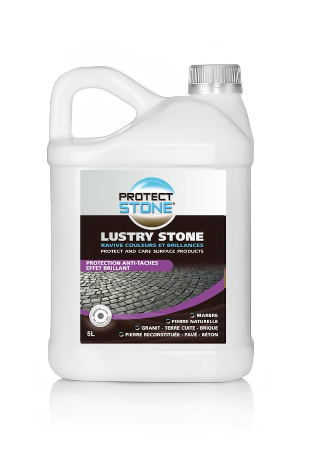 LUSTRY STONE – Traitement auto-lustrant double action pour pierres naturelles, dalles et carrelages. Nettoie, protège et laisse un film satiné, brillant, non glissant et résistant à l’usure. Idéal pour raviver les supports ternis sans polissage.