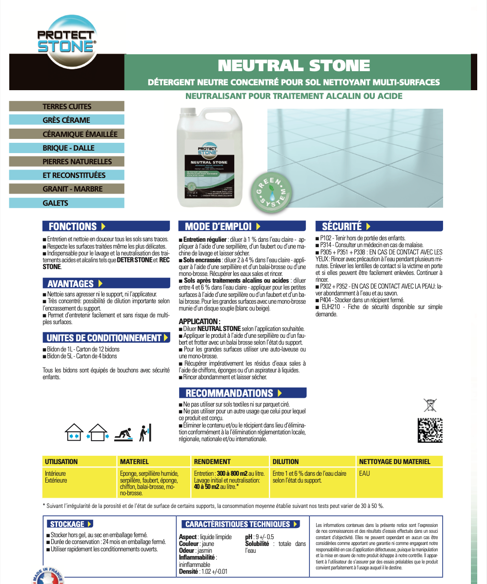 NEUTRAL STONE – Nettoyant neutralisant après décapage acide ou alcalin. Stabilise les supports avant traitement. Idéal pour pierres, terres cuites, grès cérame, béton. Application intérieure et extérieure.