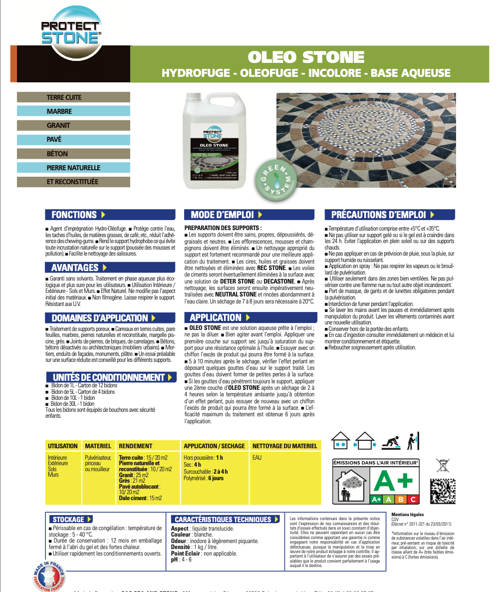 OLEOSTONE ProtectStone – Imperméabilisant incolore à base d’eau pour pierre naturelle, terre cuite, béton et granit. Protection hydrofuge et oléofuge pour surfaces intérieures et extérieures. Application facile, sans solvant.