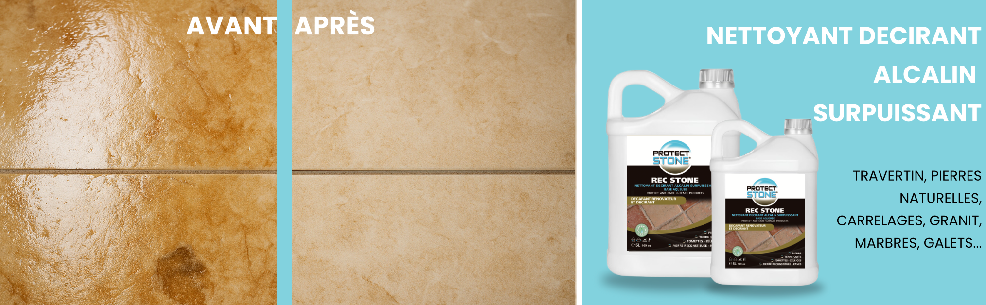 REC STONE – Rénovateur intensif pour matériaux minéraux et poreux. Ravive l’aspect d’origine des pierres naturelles, dalles, travertin ou béton. Idéal pour surfaces encrassées ou ternies.