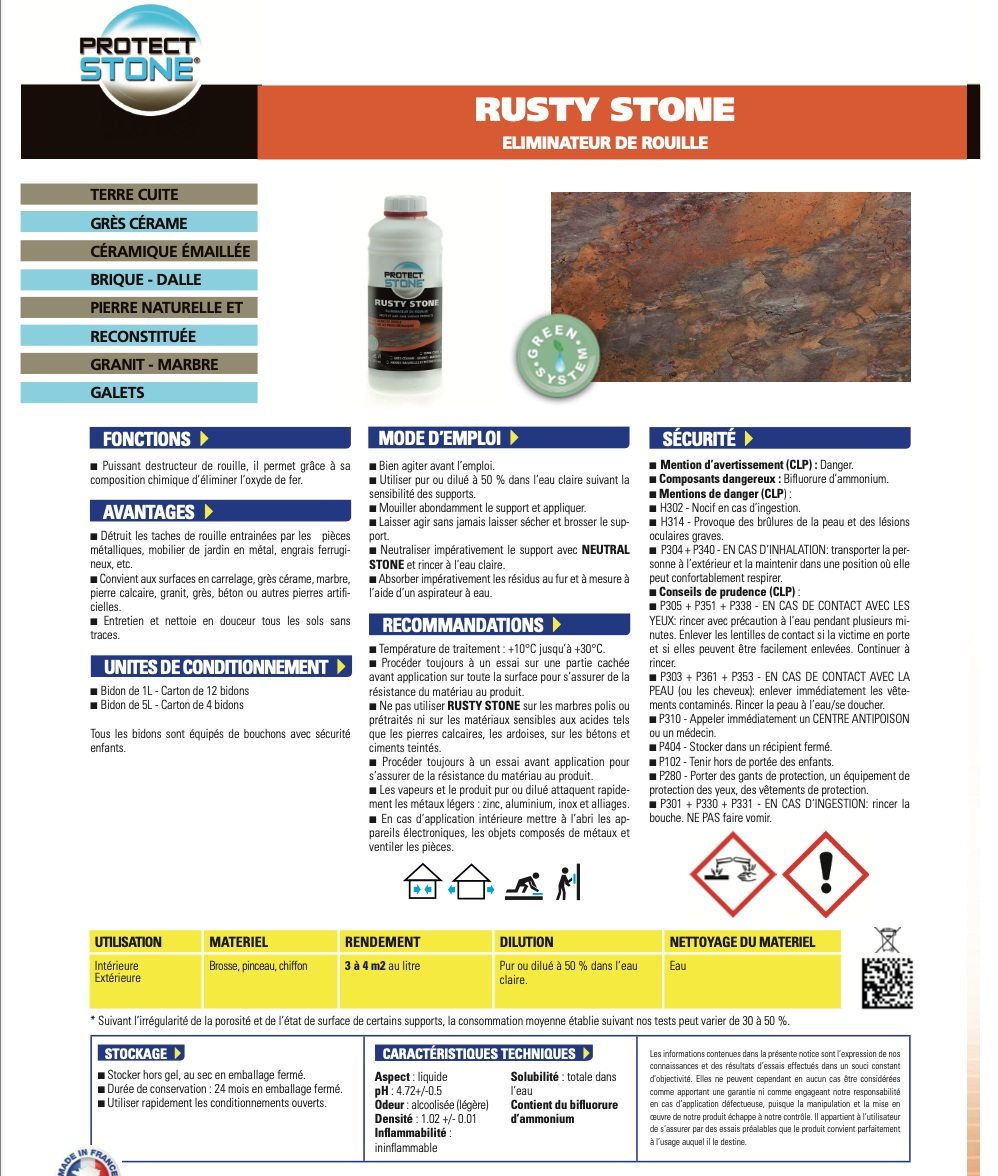 RUSTY STONE – Détachant antirouille puissant pour pierre, carrelage, granit, marbre et béton. Élimine efficacement les taches de rouille causées par le mobilier, les engrais ou l’humidité. Usage intérieur et extérieur.