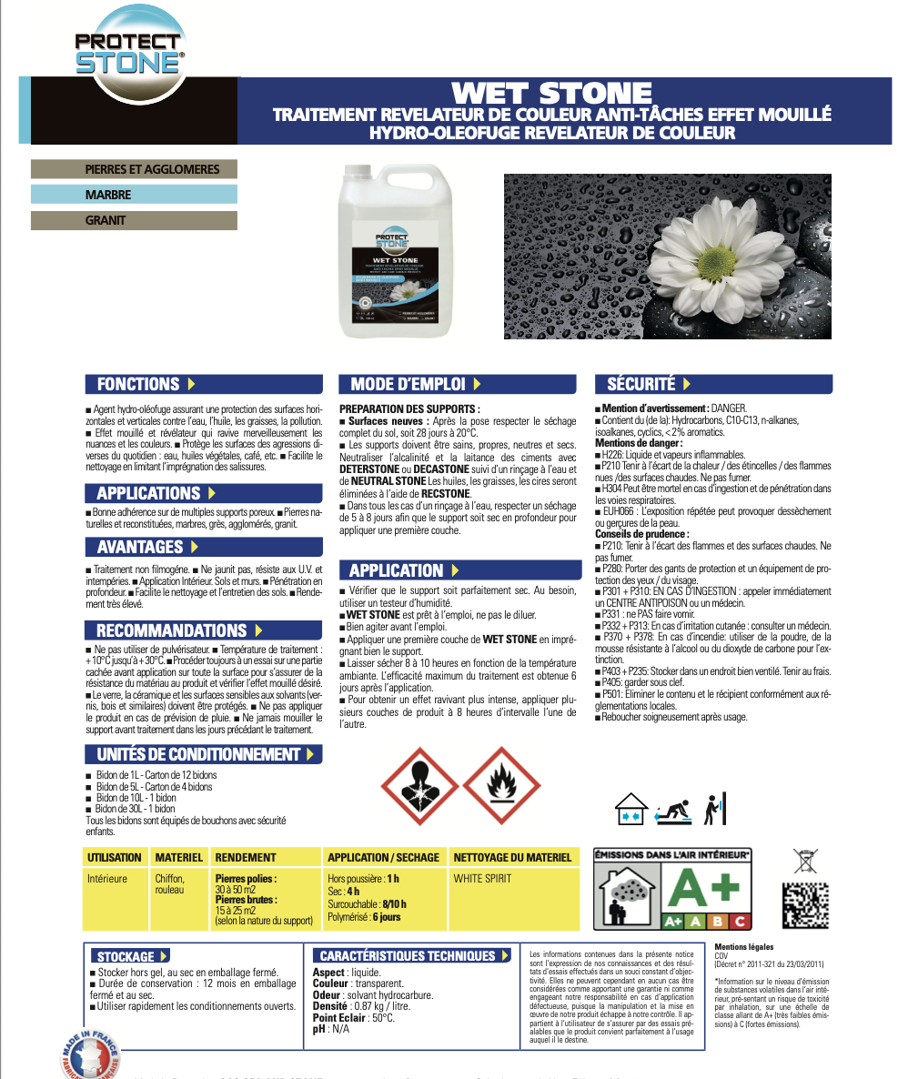 Wet Stone de ProtectStone – produit hydrofuge effet mouillé pour pierres naturelles, dallages et matériaux poreux. Idéal pour raviver et protéger en profondeur.
